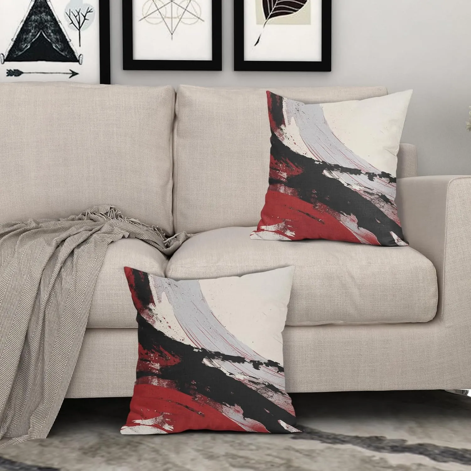 Black and Red Pillow Covers 18x18 Inch Set of 2 Modern Gray and Beige Outdoor Throw Pillow Covers Farmhouse Boho Pillowscase Cotton Linen Square Cushion Covers for Sofa Couch Bedroom Home Decoration