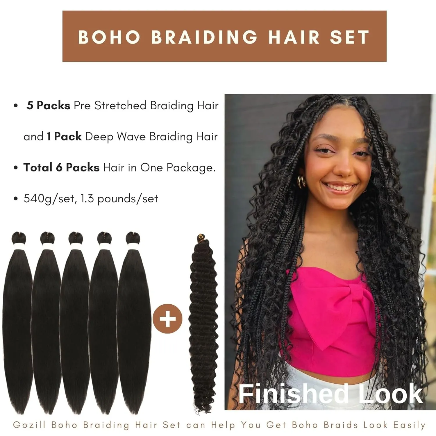 Black Braiding Hair Pre Stretched Knotless Braiding Hair for Boho Braids(6 Packs)