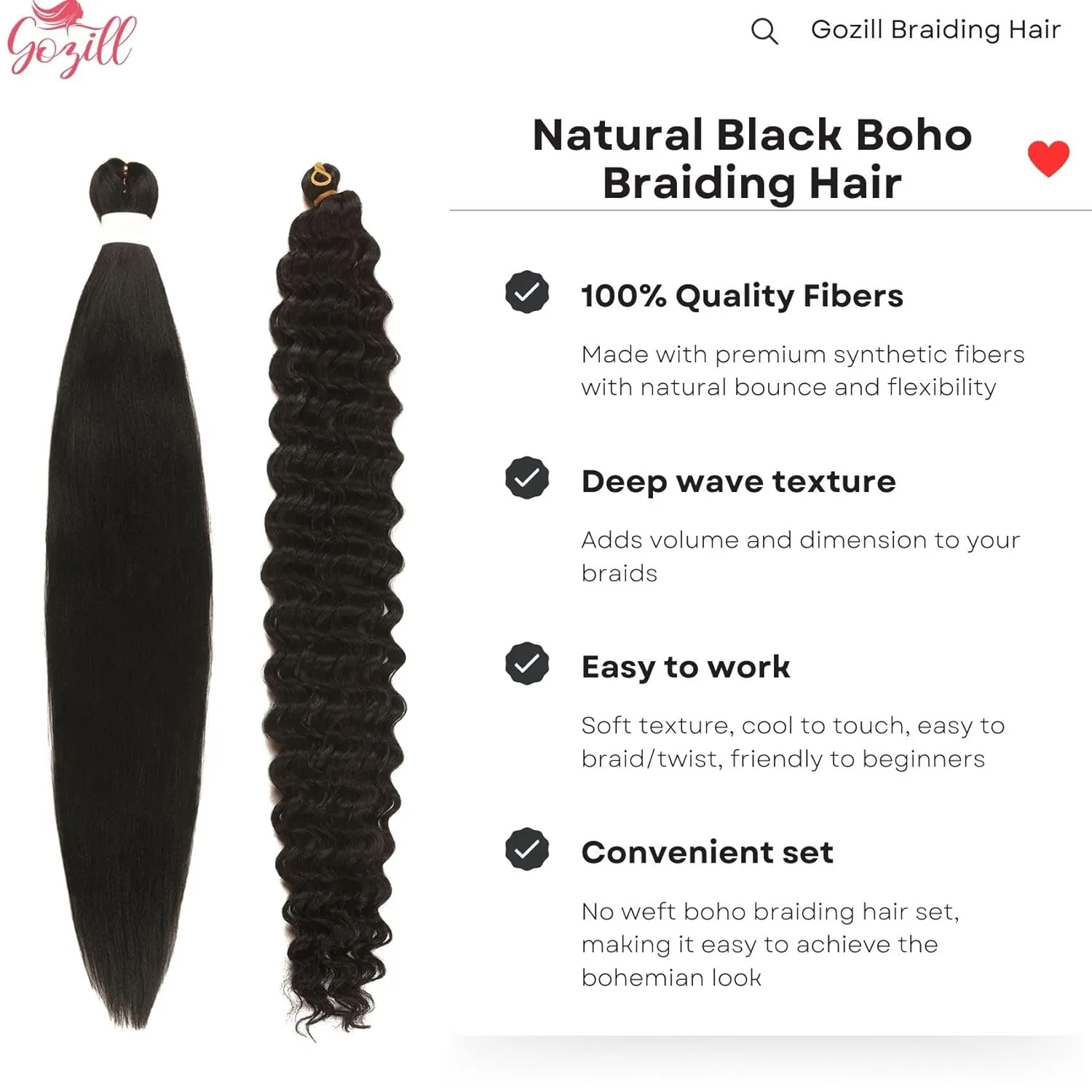 Black Braiding Hair Pre Stretched Knotless Braiding Hair for Boho Braids(6 Packs)