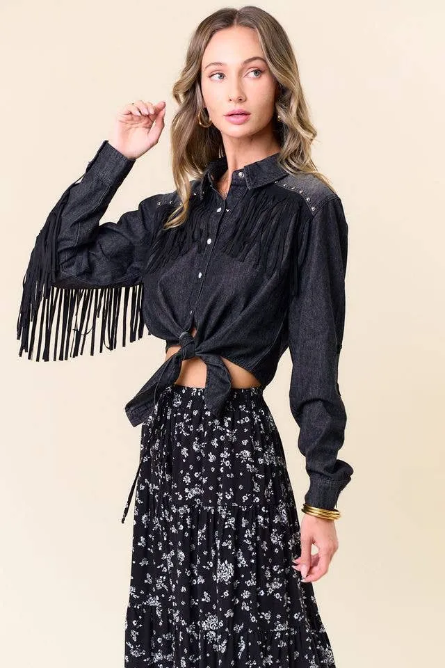 BLACK DENIM SILVER STUDDED FRINGE TIE FRONT SHIRT