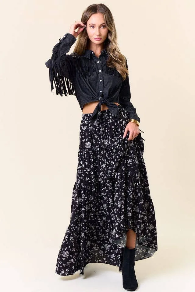 BLACK DENIM SILVER STUDDED FRINGE TIE FRONT SHIRT