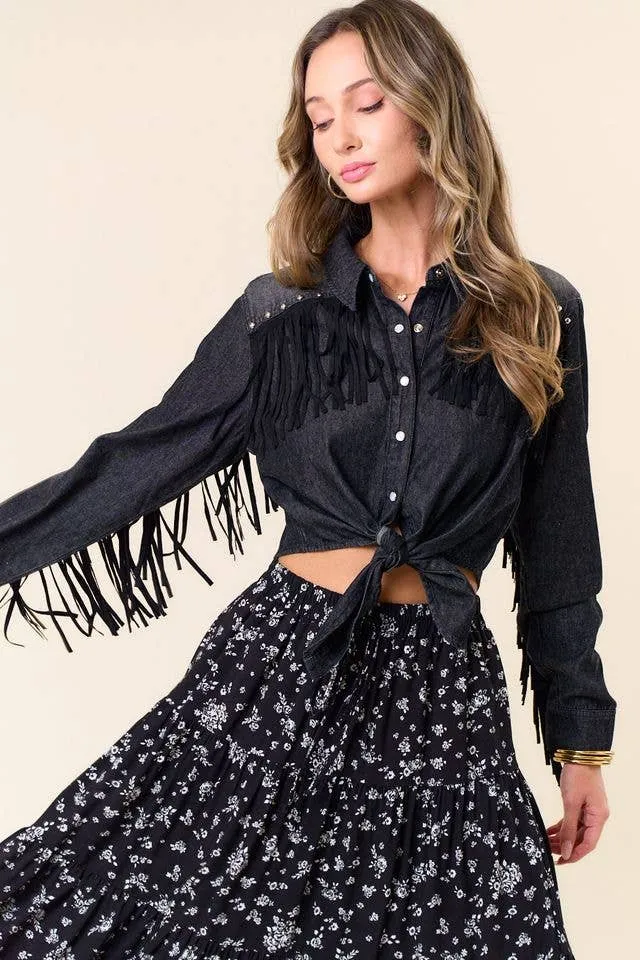 BLACK DENIM SILVER STUDDED FRINGE TIE FRONT SHIRT