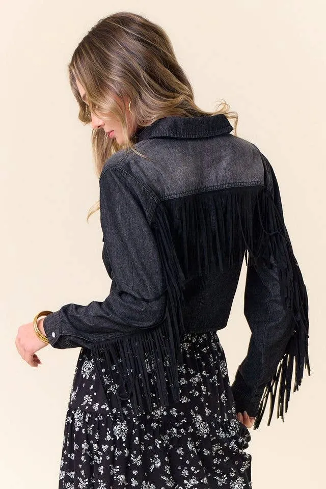 BLACK DENIM SILVER STUDDED FRINGE TIE FRONT SHIRT