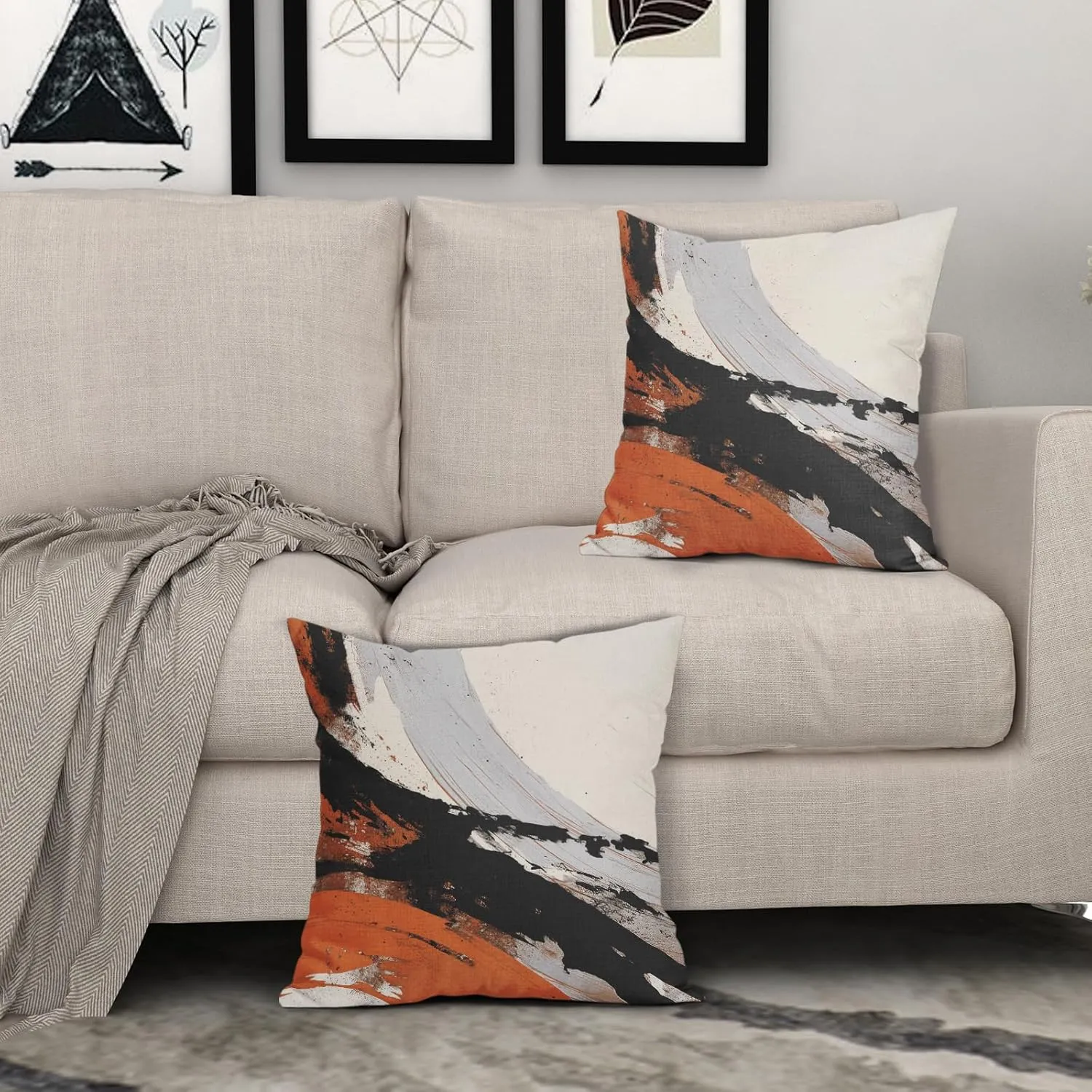 Black Orange Pillow Covers 18x18 Inch Set of 2 Grey Black and Burnt Orange Decorative Outdoor Throw Pillow Covers Cotton Linen Square Pillowscase Cushion Covers for Sofa Couch Bedroom Living Room