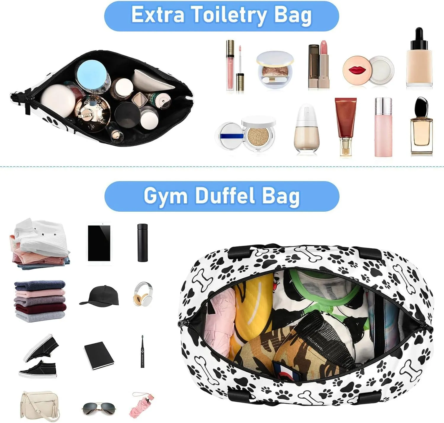 Black Pet Paws Print and Bones Seamless on White Gym Duffel Bag, Polyester Travel Weekender Luggage Handbag with Waterproof Pocket for Wet Items, Unisex Foldable Tote for Sports