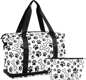 Black Pet Paws Print and Bones Seamless on White Gym Duffel Bag, Polyester Travel Weekender Luggage Handbag with Waterproof Pocket for Wet Items, Unisex Foldable Tote for Sports