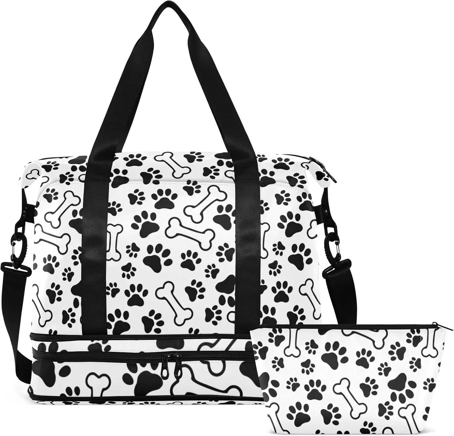 Black Pet Paws Print and Bones Seamless on White Gym Duffel Bag, Polyester Travel Weekender Luggage Handbag with Waterproof Pocket for Wet Items, Unisex Foldable Tote for Sports