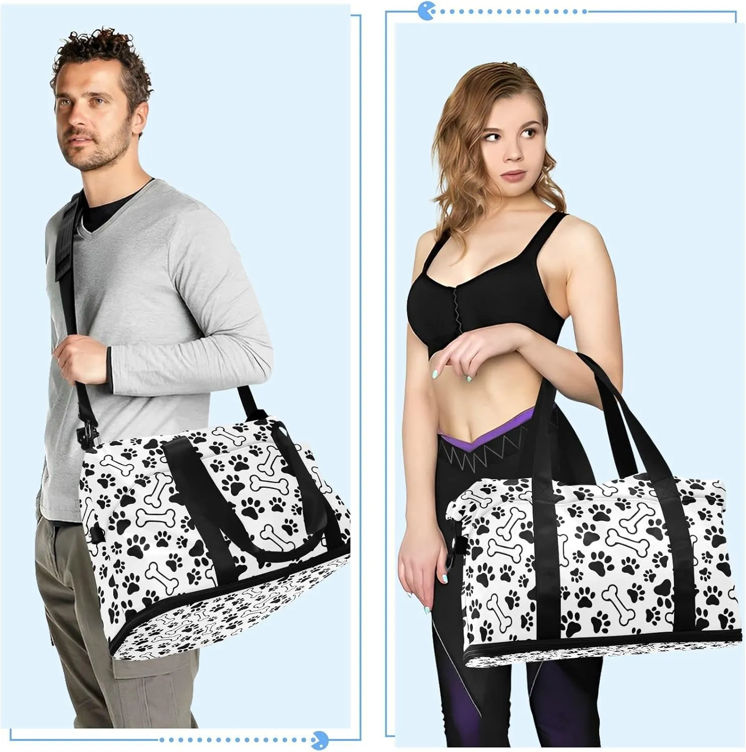 Black Pet Paws Print and Bones Seamless on White Gym Duffel Bag, Polyester Travel Weekender Luggage Handbag with Waterproof Pocket for Wet Items, Unisex Foldable Tote for Sports