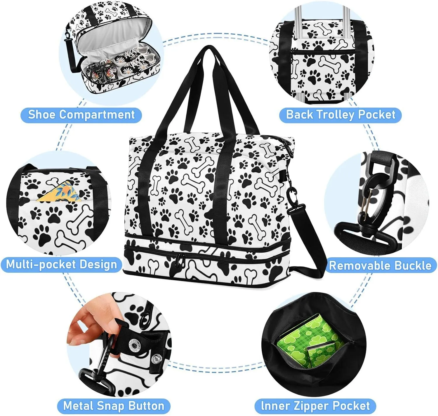 Black Pet Paws Print and Bones Seamless on White Gym Duffel Bag, Polyester Travel Weekender Luggage Handbag with Waterproof Pocket for Wet Items, Unisex Foldable Tote for Sports