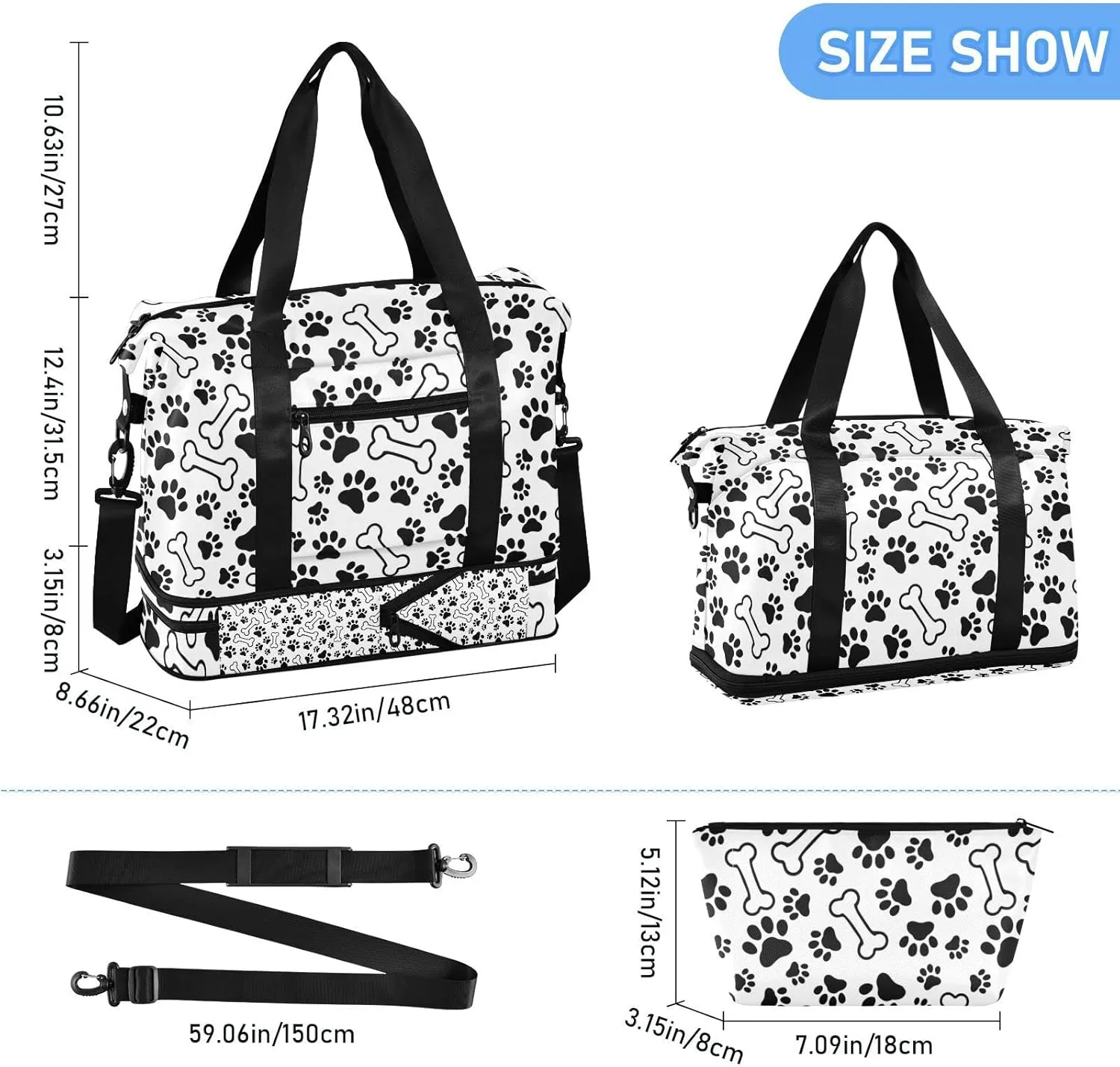 Black Pet Paws Print and Bones Seamless on White Gym Duffel Bag, Polyester Travel Weekender Luggage Handbag with Waterproof Pocket for Wet Items, Unisex Foldable Tote for Sports