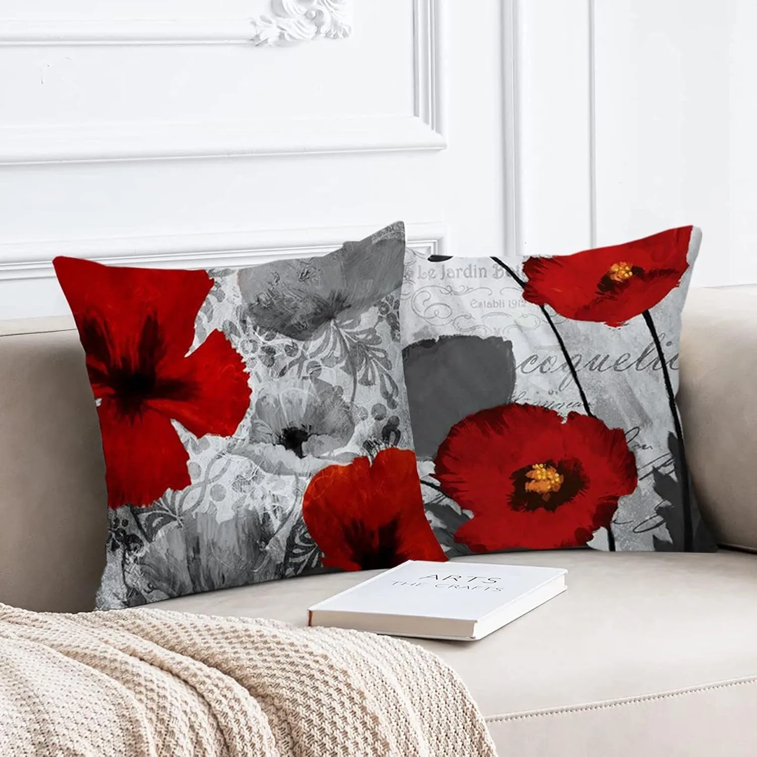 Black Red Flower Pillow Covers Love Pillow Covers Decorative Linen Square Throw Pillow Covers Couple Cushion Cases Home Decor for Sofa Bedroom Car 20x20 Inch