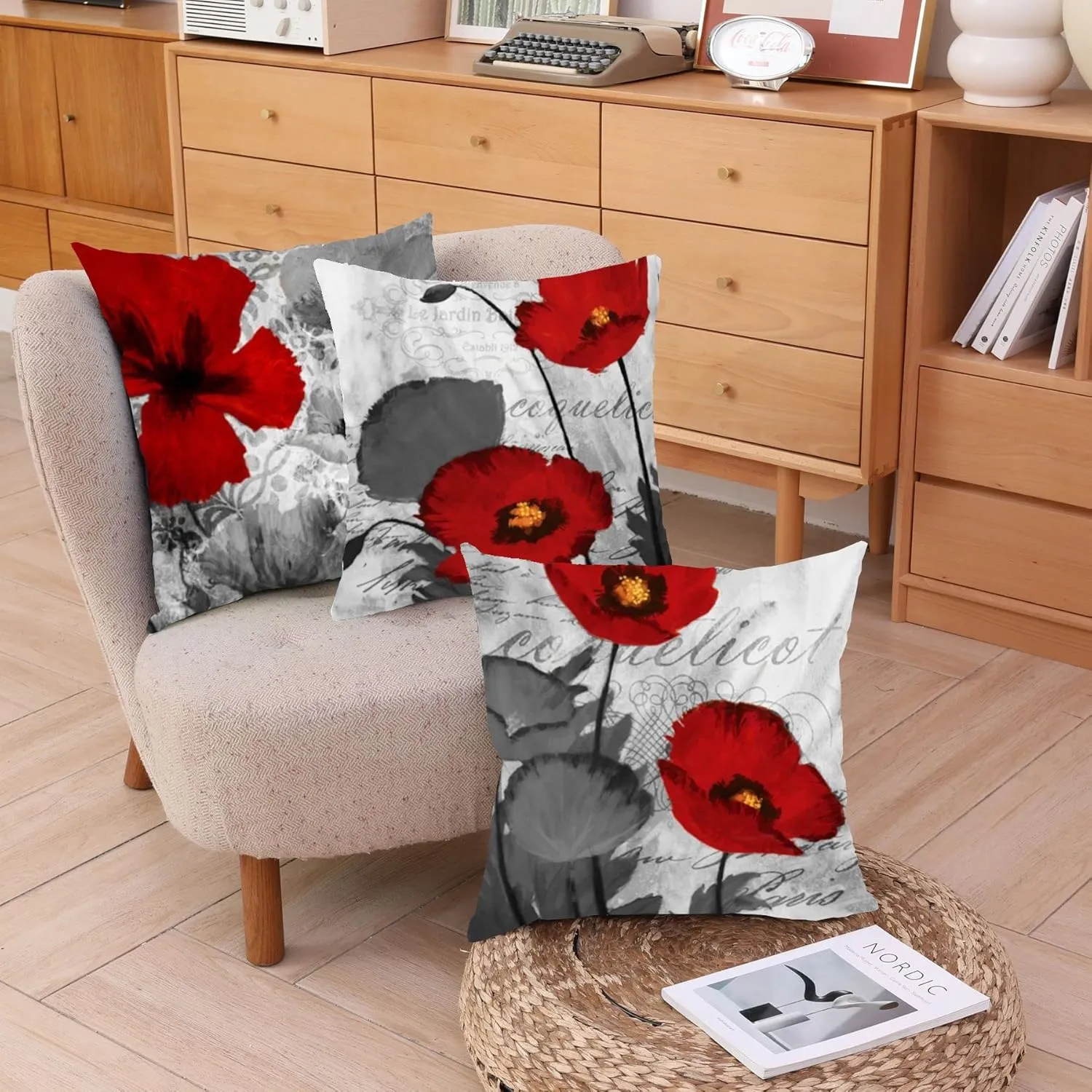 Black Red Flower Pillow Covers Love Pillow Covers Decorative Linen Square Throw Pillow Covers Couple Cushion Cases Home Decor for Sofa Bedroom Car 20x20 Inch