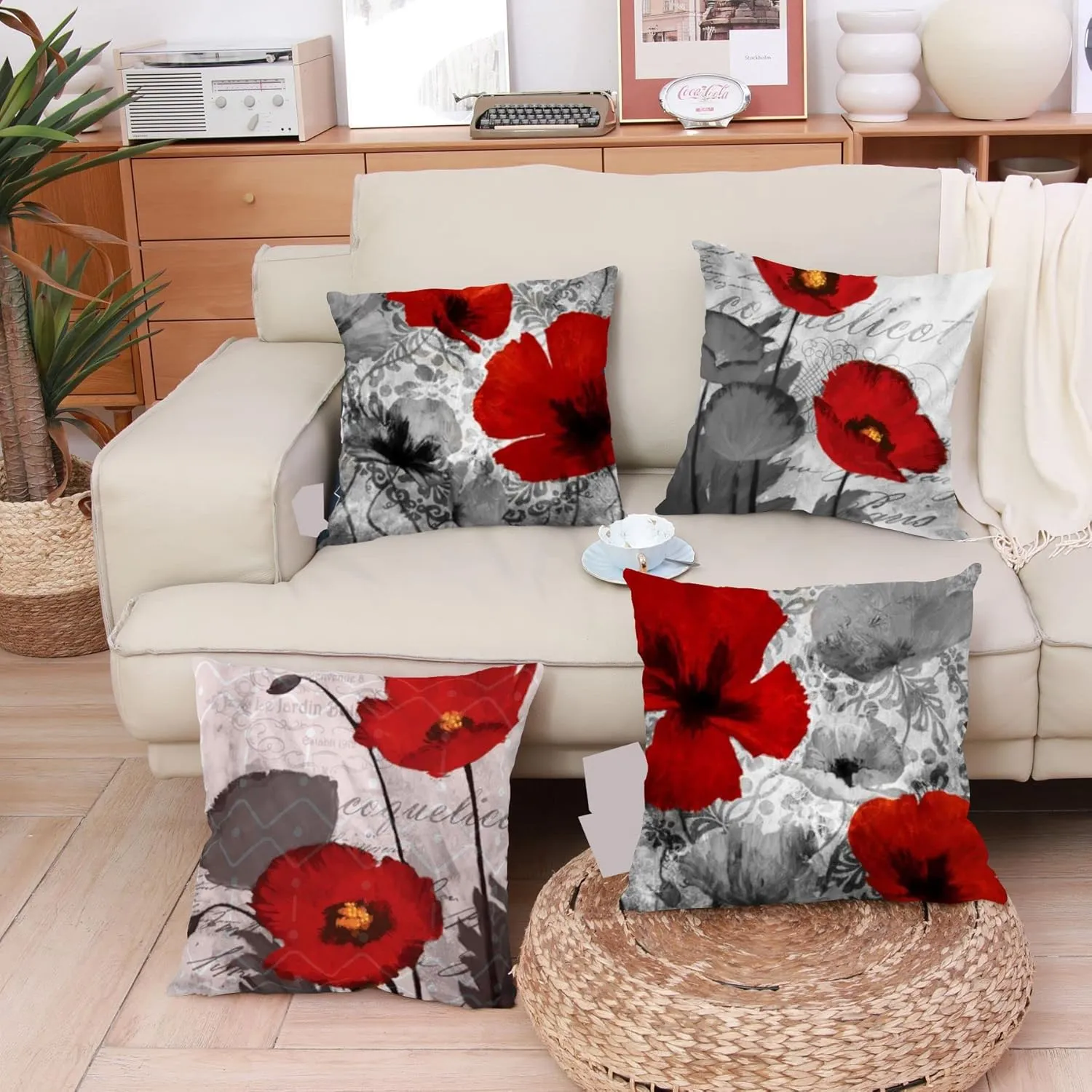 Black Red Flower Pillow Covers Love Pillow Covers Decorative Linen Square Throw Pillow Covers Couple Cushion Cases Home Decor for Sofa Bedroom Car 20x20 Inch