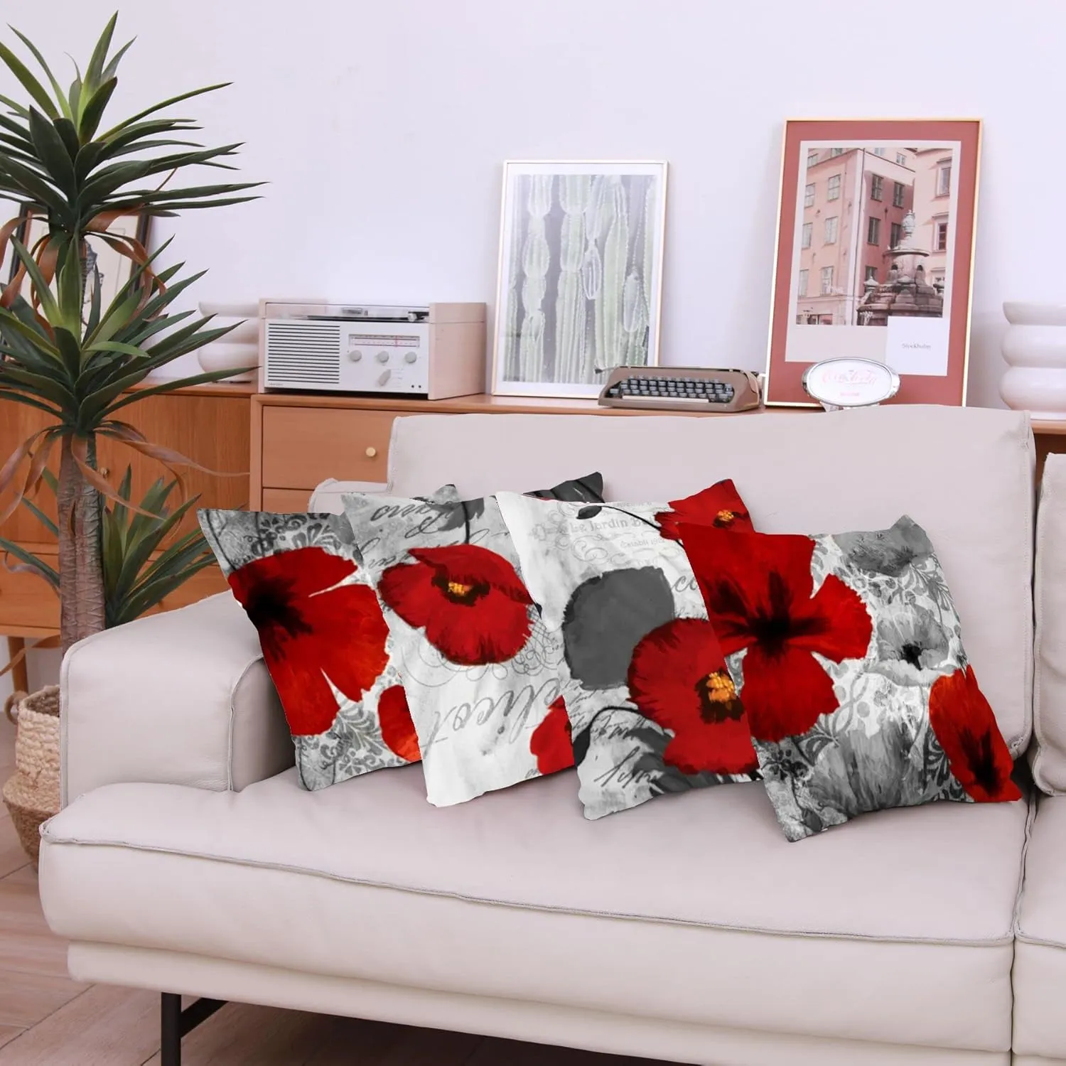 Black Red Flower Pillow Covers Love Pillow Covers Decorative Linen Square Throw Pillow Covers Couple Cushion Cases Home Decor for Sofa Bedroom Car 20x20 Inch