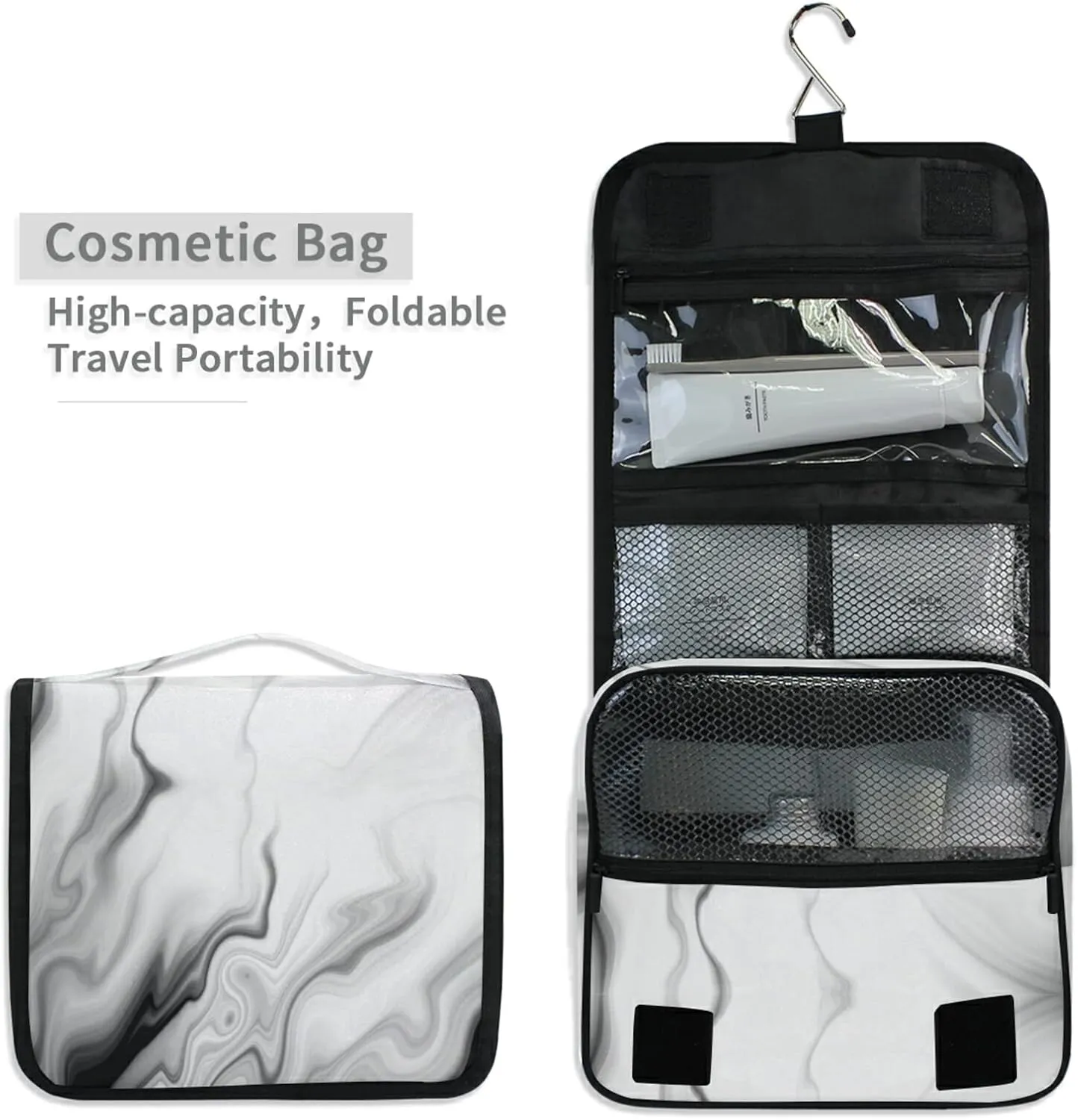 Black White Liquid Marble Agate Slab Paint Pastel Macro Wavy Hanging Wash Gargle Toiletry Bag Travel Cosmetic Makeup Case Organizer Storage Large Portable