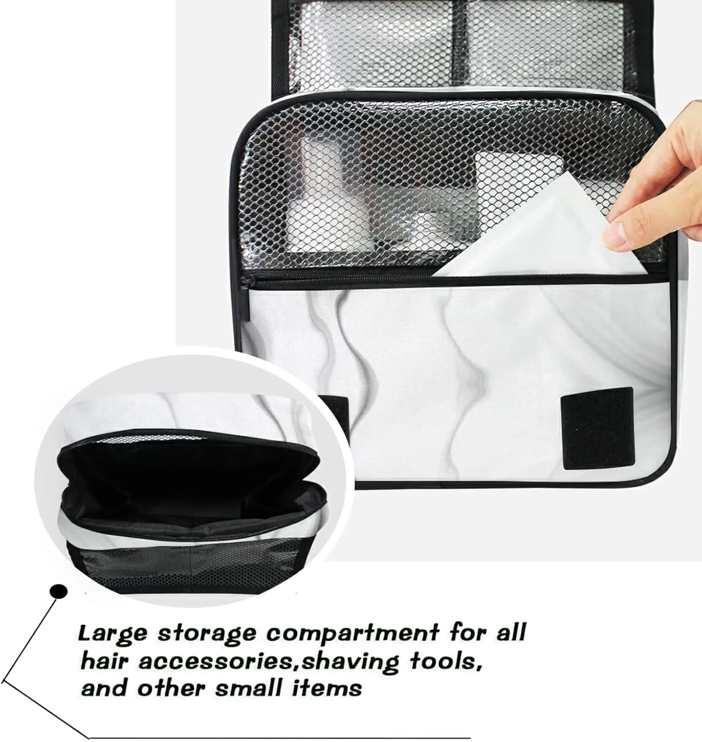 Black White Liquid Marble Agate Slab Paint Pastel Macro Wavy Hanging Wash Gargle Toiletry Bag Travel Cosmetic Makeup Case Organizer Storage Large Portable