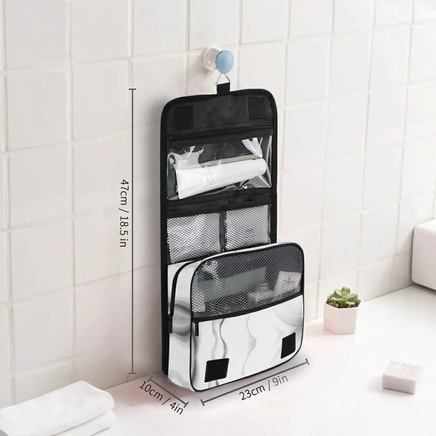 Black White Liquid Marble Agate Slab Paint Pastel Macro Wavy Hanging Wash Gargle Toiletry Bag Travel Cosmetic Makeup Case Organizer Storage Large Portable
