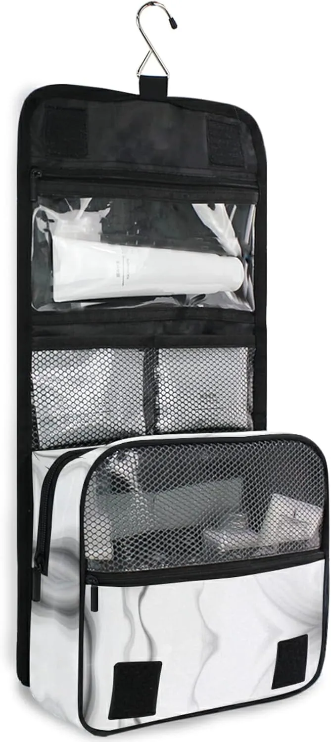 Black White Liquid Marble Agate Slab Paint Pastel Macro Wavy Hanging Wash Gargle Toiletry Bag Travel Cosmetic Makeup Case Organizer Storage Large Portable