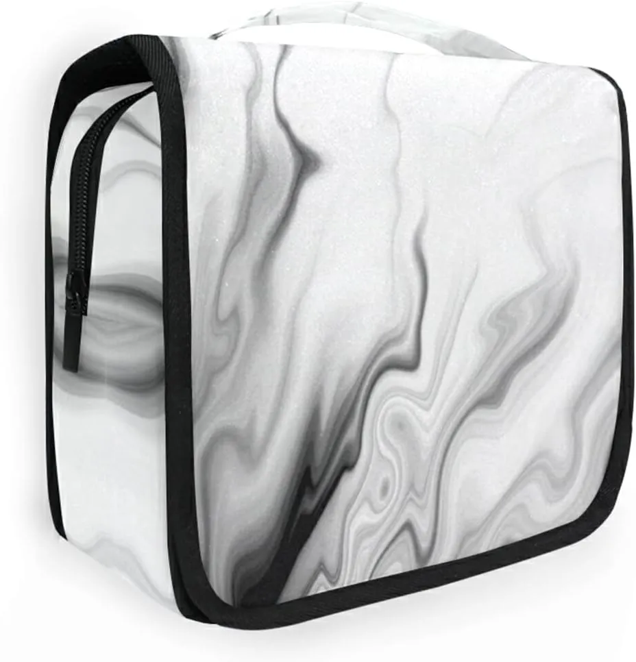 Black White Liquid Marble Agate Slab Paint Pastel Macro Wavy Hanging Wash Gargle Toiletry Bag Travel Cosmetic Makeup Case Organizer Storage Large Portable