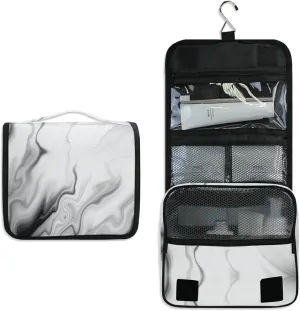 Black White Liquid Marble Agate Slab Paint Pastel Macro Wavy Hanging Wash Gargle Toiletry Bag Travel Cosmetic Makeup Case Organizer Storage Large Portable