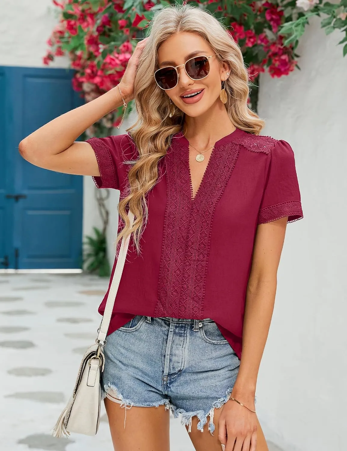 Blooming Jelly Womens Dressy Casual Blouses Short Sleeve V Neck Business Tops Summer Ladies Trendy Boho Office Work Shirts