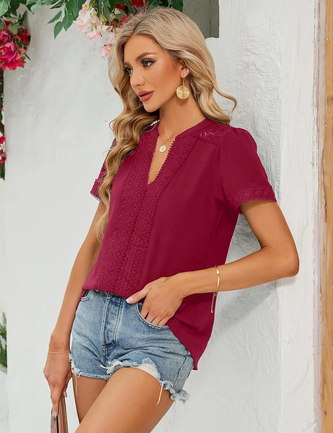 Blooming Jelly Womens Dressy Casual Blouses Short Sleeve V Neck Business Tops Summer Ladies Trendy Boho Office Work Shirts