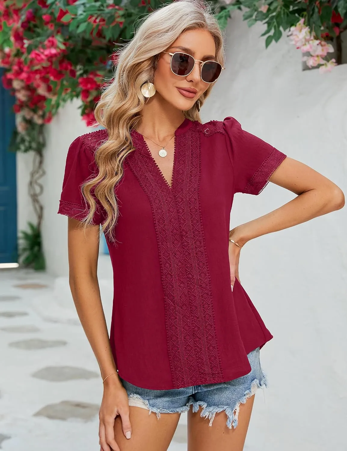 Blooming Jelly Womens Dressy Casual Blouses Short Sleeve V Neck Business Tops Summer Ladies Trendy Boho Office Work Shirts