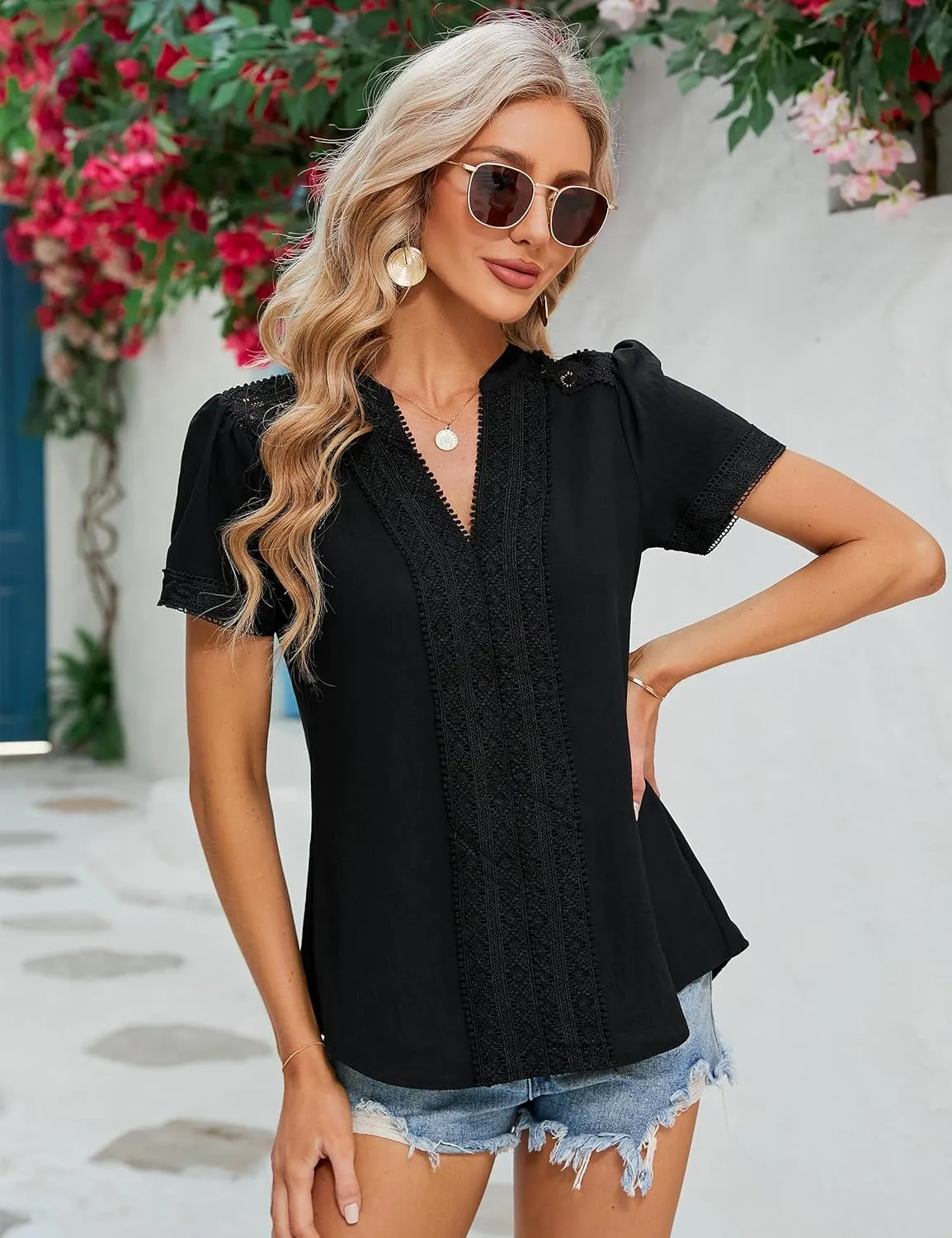 Blooming Jelly Womens Dressy Casual Blouses Short Sleeve V Neck Business Tops Summer Ladies Trendy Boho Office Work Shirts