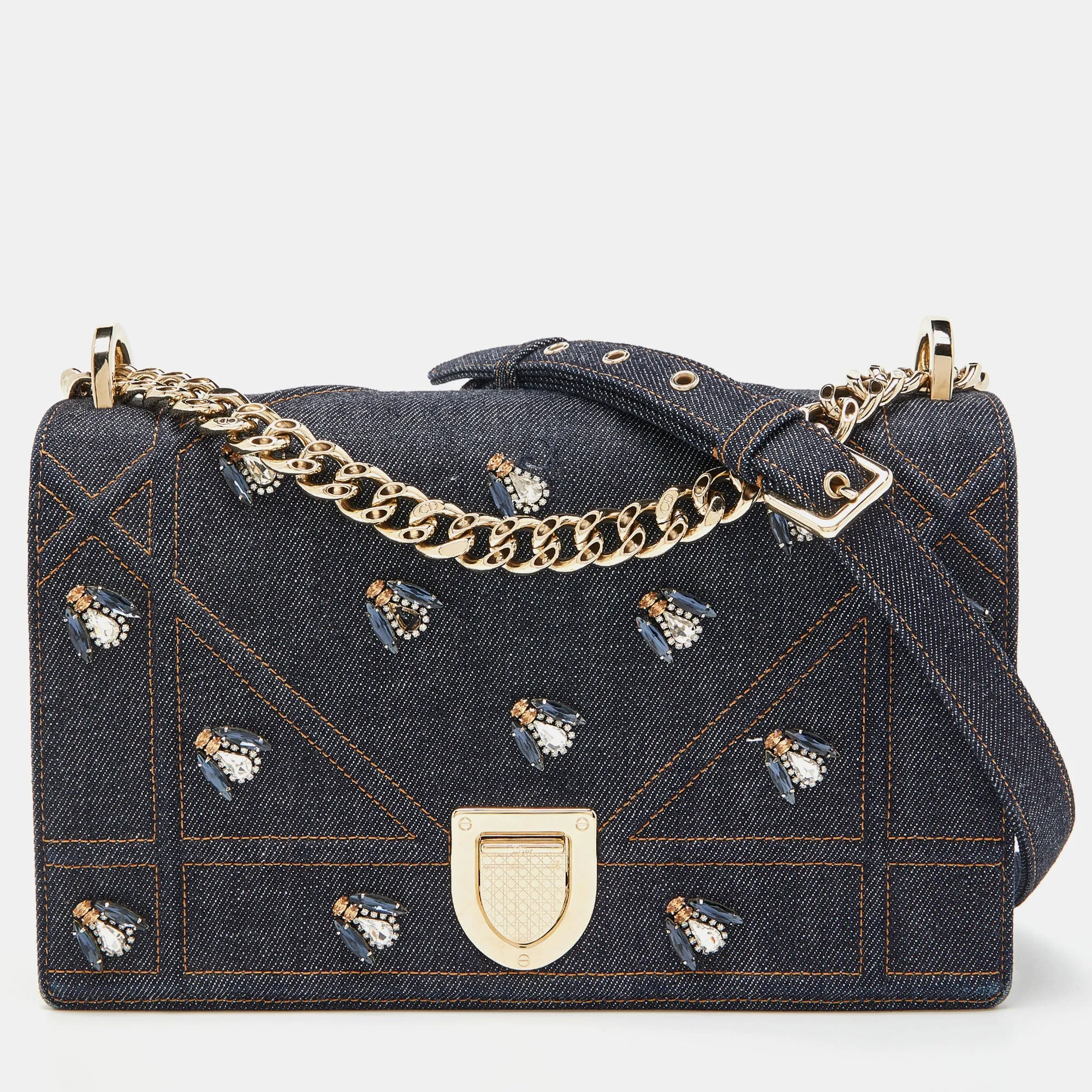 Blue Denim Medium Crystal Embellished Diorama Shoulder Bag