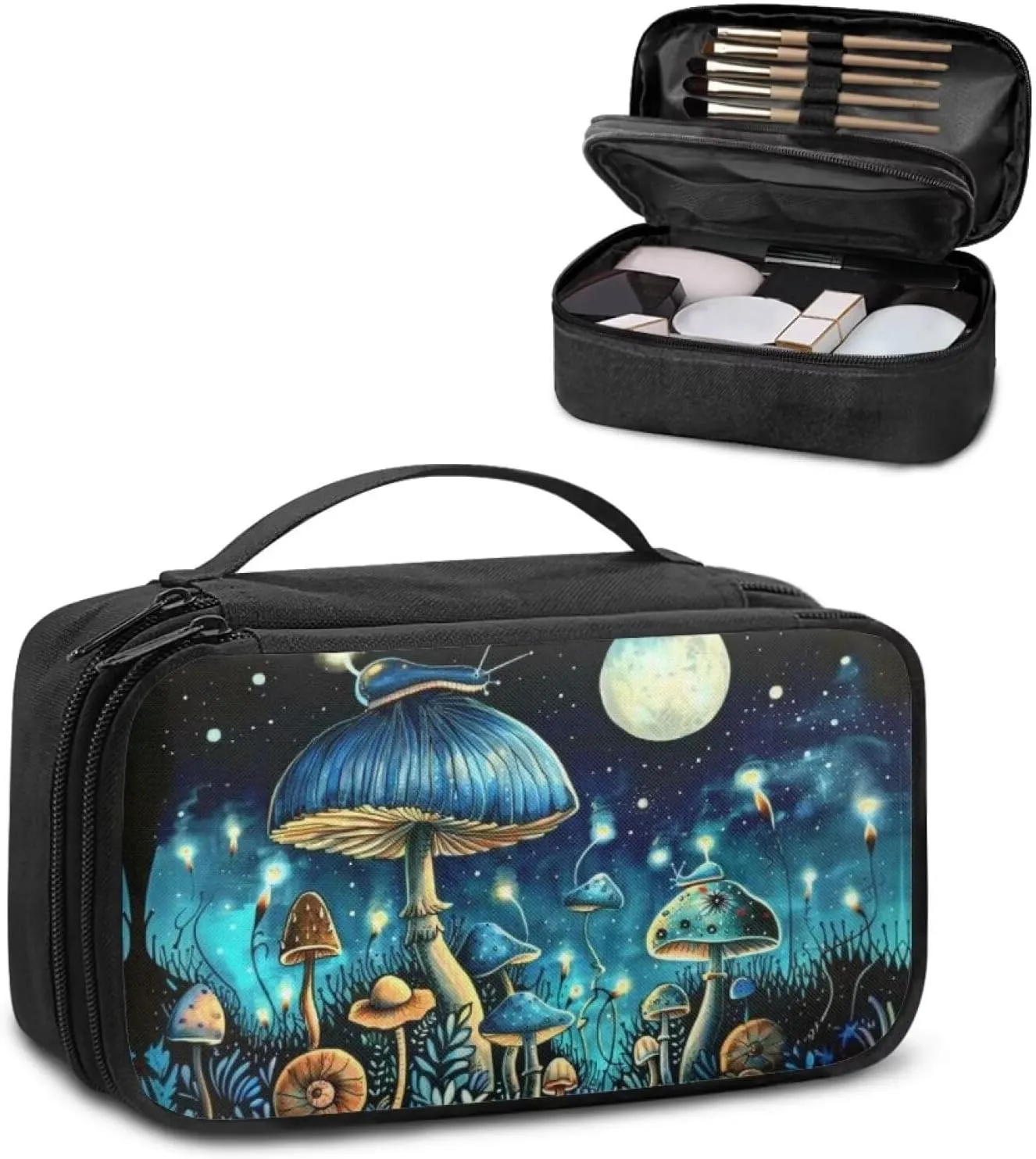Blue Mushroom Women Adults Make Up Bag Travel Case for Toiletries Portable Make Up Organizers and Storage Bag Cosmetic Train Case As A Toiletry Bag,Makeup Organizer Bag