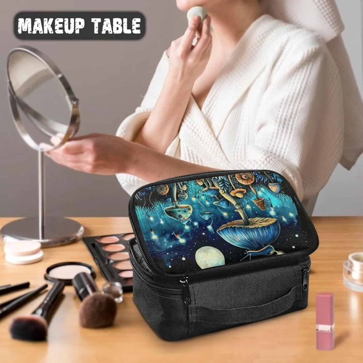 Blue Mushroom Women Adults Make Up Bag Travel Case for Toiletries Portable Make Up Organizers and Storage Bag Cosmetic Train Case As A Toiletry Bag,Makeup Organizer Bag