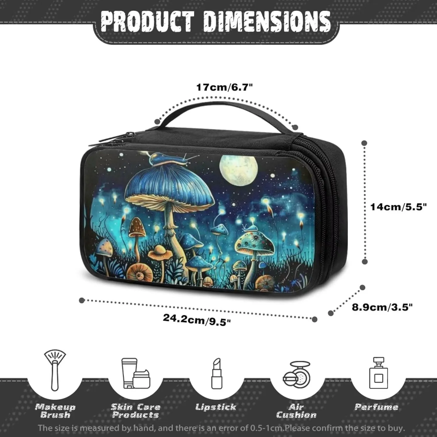 Blue Mushroom Women Adults Make Up Bag Travel Case for Toiletries Portable Make Up Organizers and Storage Bag Cosmetic Train Case As A Toiletry Bag,Makeup Organizer Bag