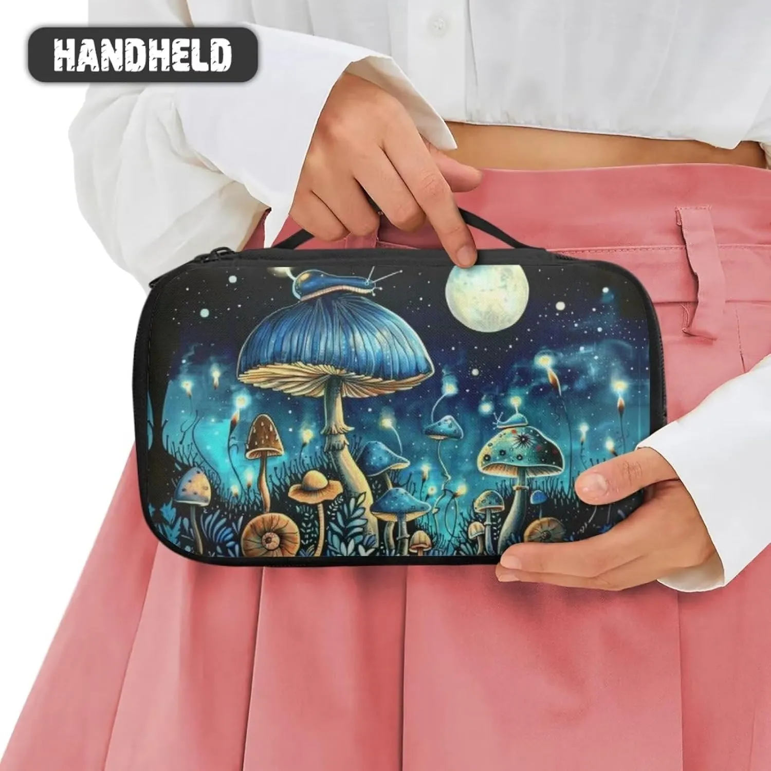 Blue Mushroom Women Adults Make Up Bag Travel Case for Toiletries Portable Make Up Organizers and Storage Bag Cosmetic Train Case As A Toiletry Bag,Makeup Organizer Bag