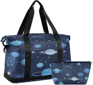 Blue Space Theme Duffel Bag Lightweight Carry On Gym Bags for Travel and Weekends, Versatile Overnight Bag with Shoe Compartment