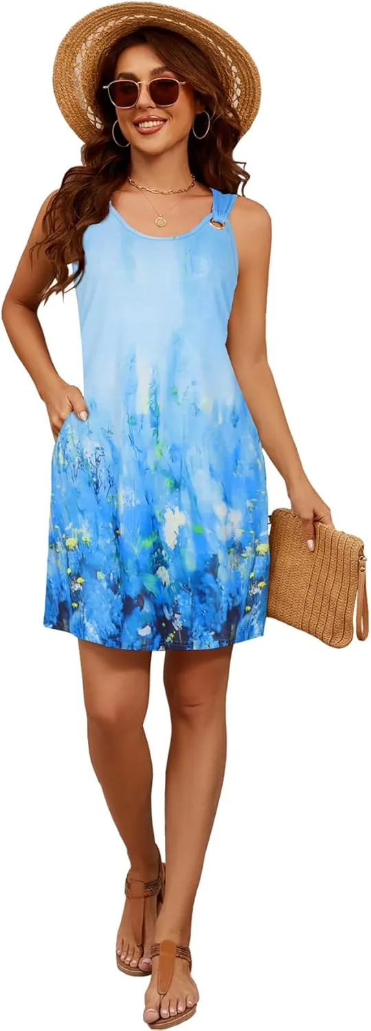 Blutime Summer Dresses for Women 2025 Boho Sleeveless Sundresses Beach Swimsuit Cover ups Casual Tank Dress with Pockets