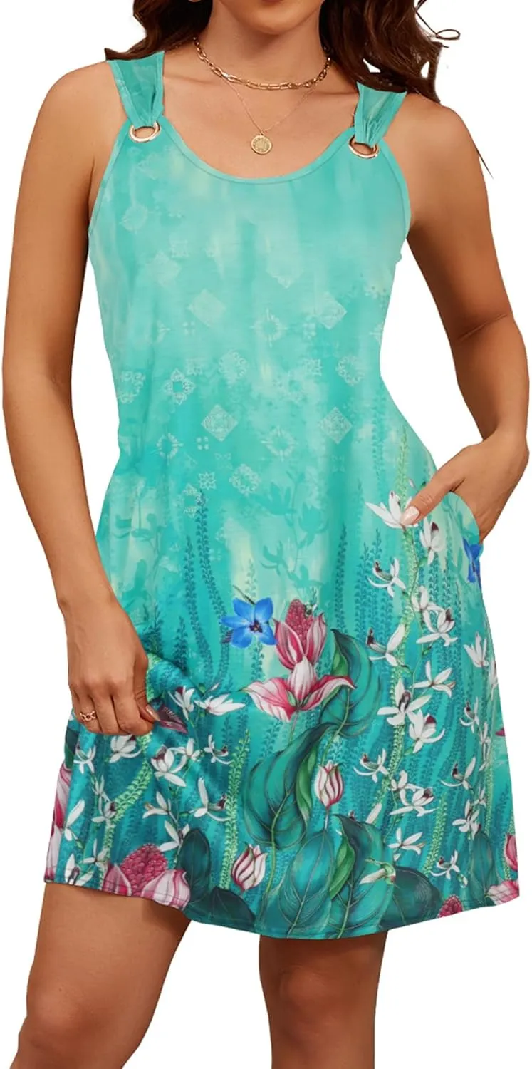 Blutime Summer Dresses for Women 2025 Boho Sleeveless Sundresses Beach Swimsuit Cover ups Casual Tank Dress with Pockets