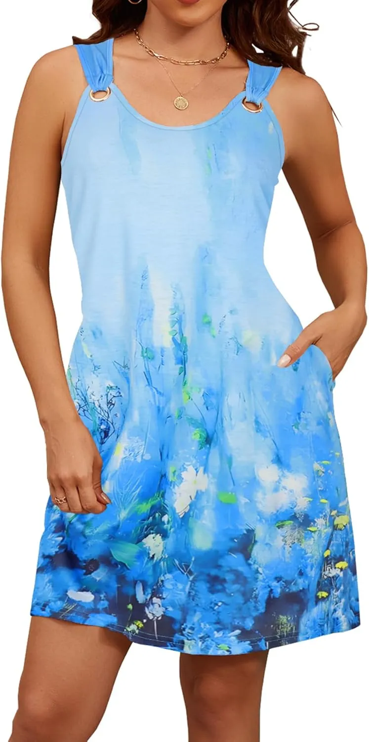 Blutime Summer Dresses for Women 2025 Boho Sleeveless Sundresses Beach Swimsuit Cover ups Casual Tank Dress with Pockets