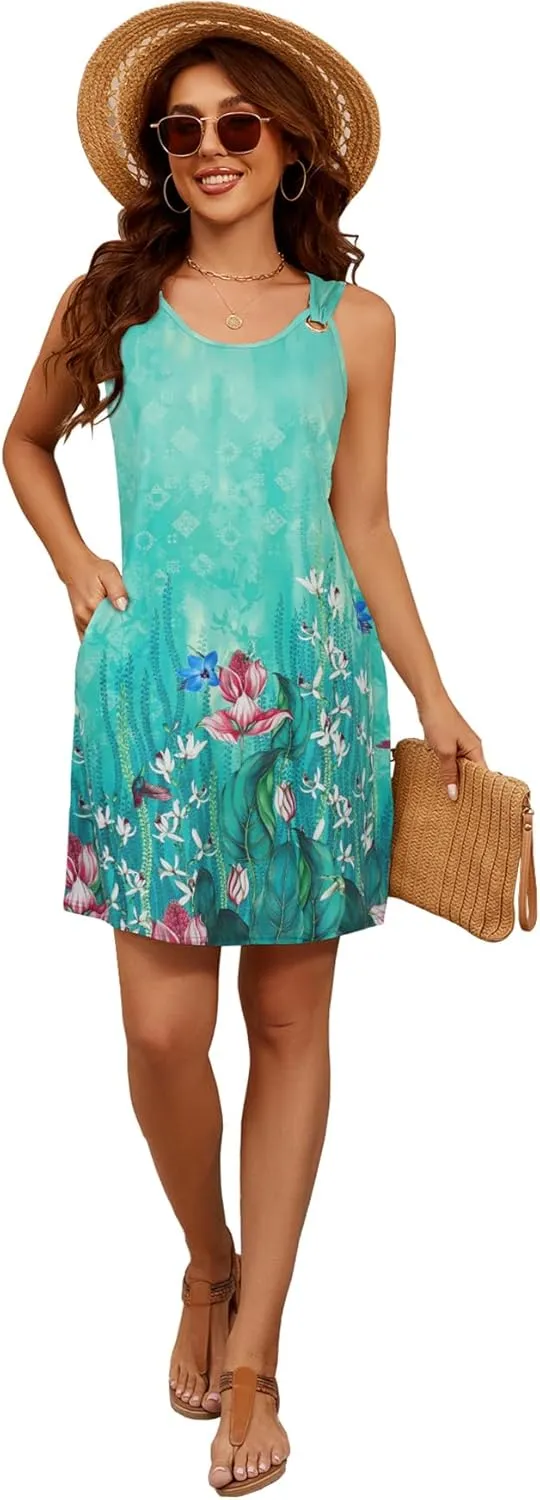 Blutime Summer Dresses for Women 2025 Boho Sleeveless Sundresses Beach Swimsuit Cover ups Casual Tank Dress with Pockets