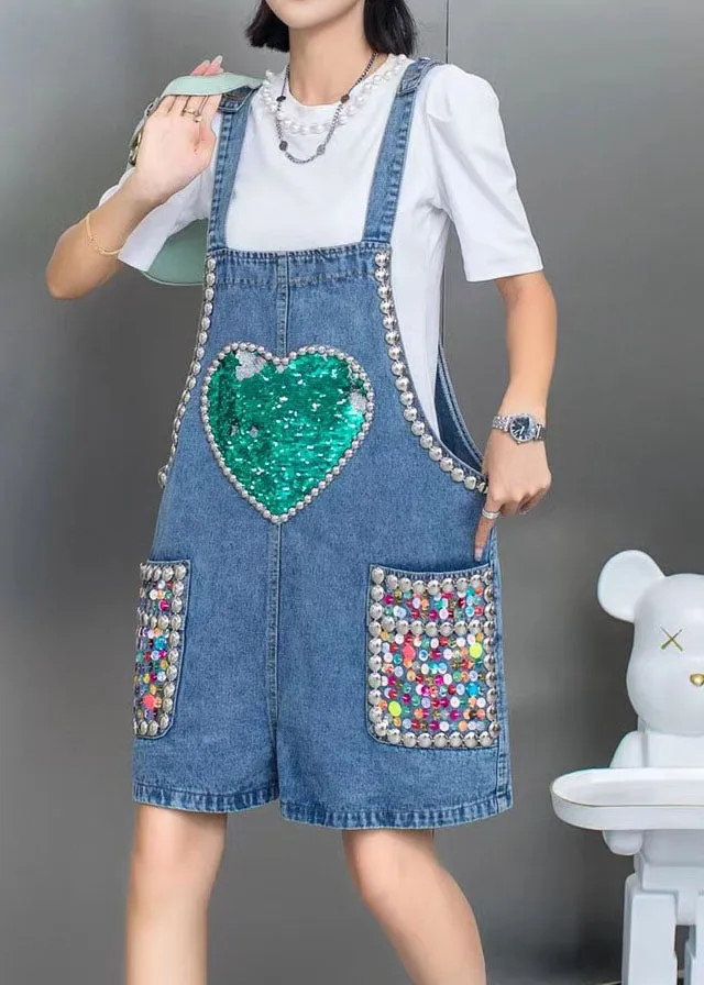 Boho Blue Nail Bead Sequins Patchwork Denim Jumpsuit Shorts