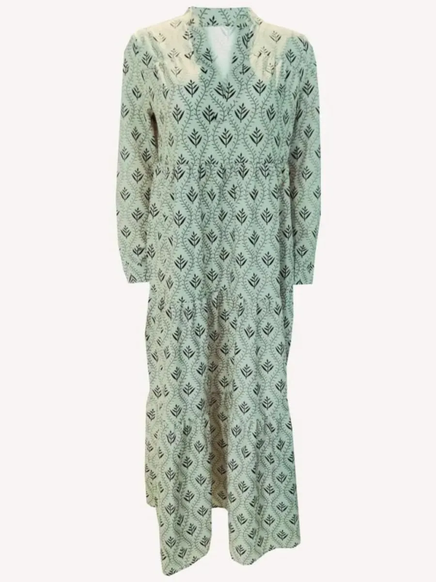 Boho Casual Loose Long Sleeve Maxi Dress for Womens Vintage Print Pleated Crewneck Flowy Baggy Long Dress