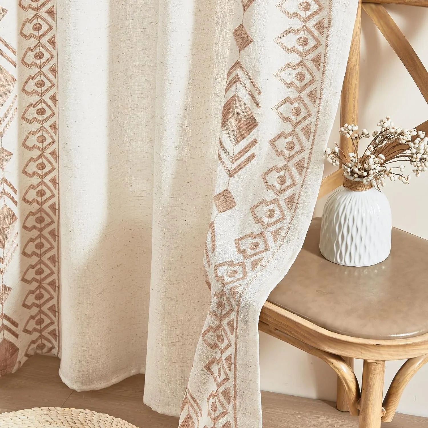 Boho Curtains 63 Inches Long 2 Panels Set for Living Room Cream Linen Embroidered Curtains Bohemian Window Curtains for Rustic Farmhouse Decor Grommet Window Treatment 52x63 Inch, Taupe On Ivory