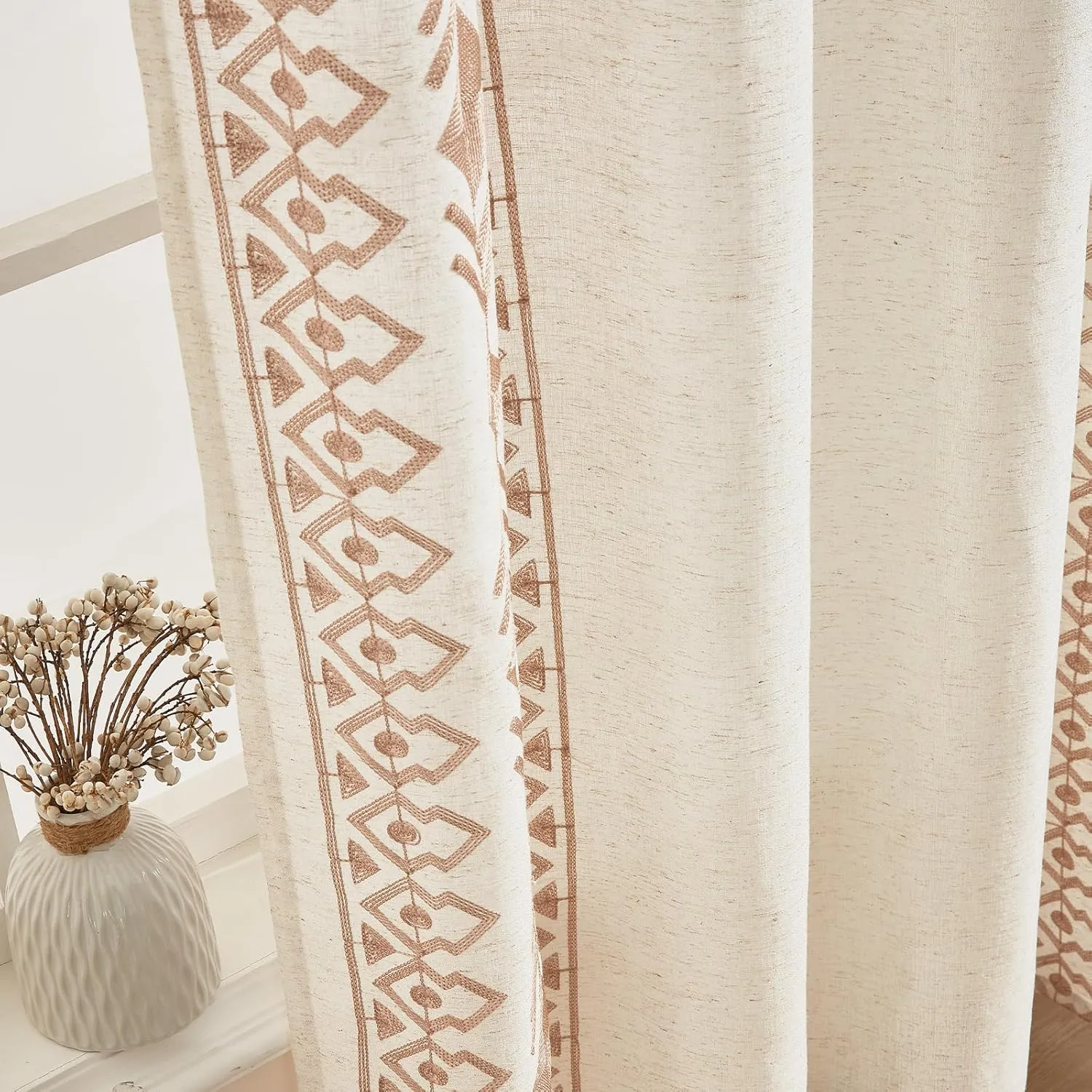 Boho Curtains 63 Inches Long 2 Panels Set for Living Room Cream Linen Embroidered Curtains Bohemian Window Curtains for Rustic Farmhouse Decor Grommet Window Treatment 52x63 Inch, Taupe On Ivory