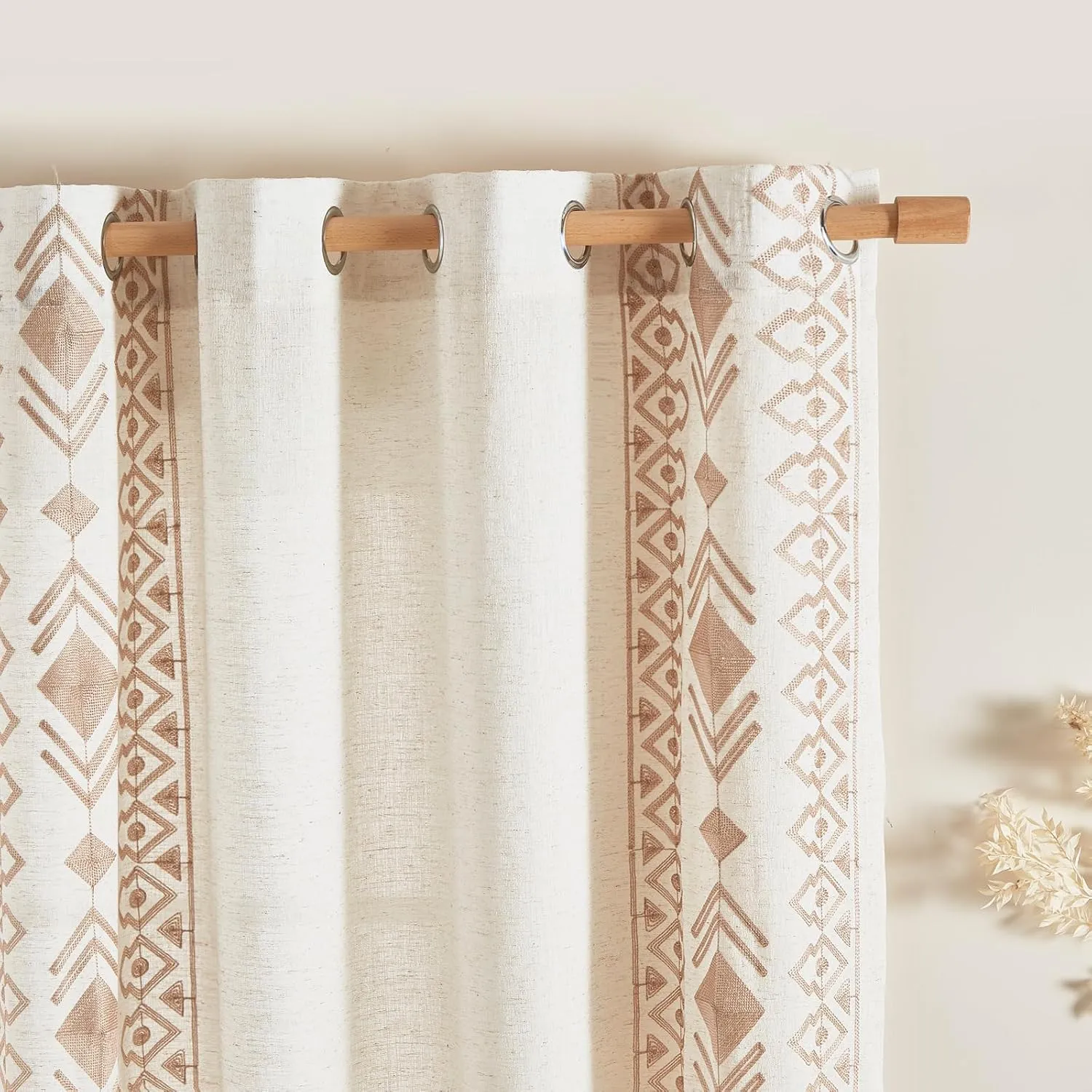 Boho Curtains 63 Inches Long 2 Panels Set for Living Room Cream Linen Embroidered Curtains Bohemian Window Curtains for Rustic Farmhouse Decor Grommet Window Treatment 52x63 Inch, Taupe On Ivory
