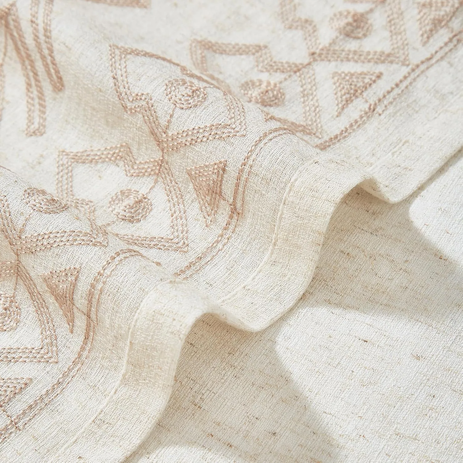 Boho Curtains 63 Inches Long 2 Panels Set for Living Room Cream Linen Embroidered Curtains Bohemian Window Curtains for Rustic Farmhouse Decor Grommet Window Treatment 52x63 Inch, Taupe On Ivory