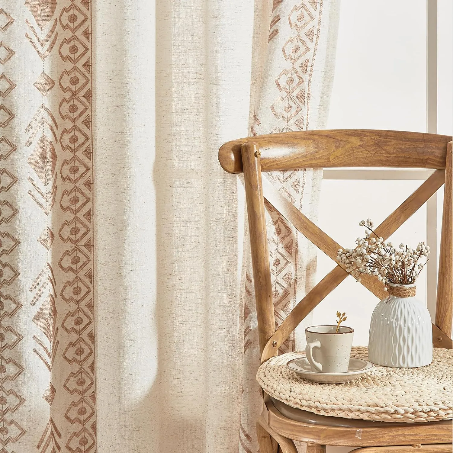Boho Curtains 63 Inches Long 2 Panels Set for Living Room Cream Linen Embroidered Curtains Bohemian Window Curtains for Rustic Farmhouse Decor Grommet Window Treatment 52x63 Inch, Taupe On Ivory