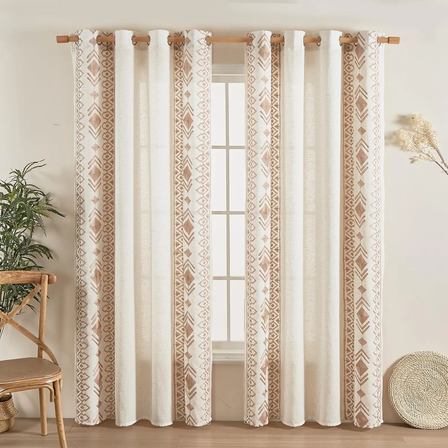 Boho Curtains 63 Inches Long 2 Panels Set for Living Room Cream Linen Embroidered Curtains Bohemian Window Curtains for Rustic Farmhouse Decor Grommet Window Treatment 52x63 Inch, Taupe On Ivory