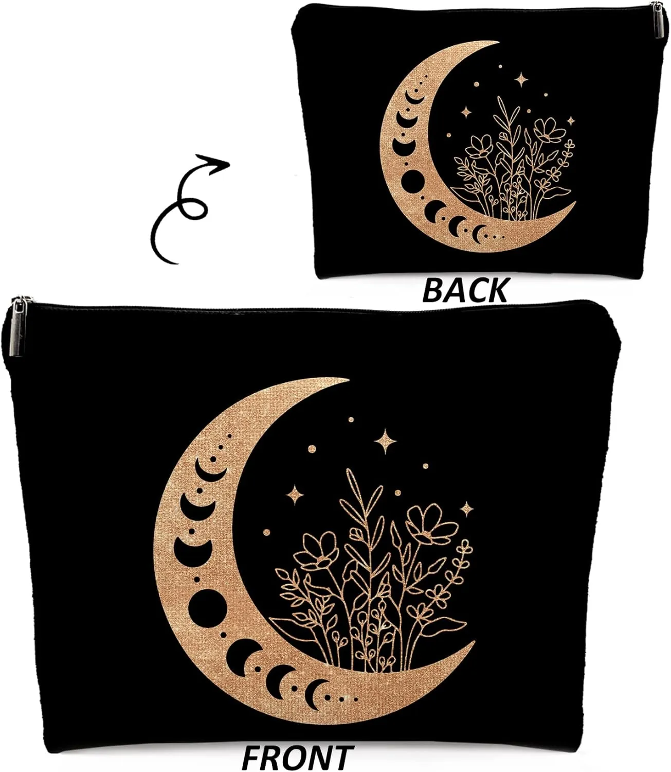 Boho Floral Celestial Crescent Moon Phase Makeup Bag, Mystical Crescent Moon Linen Makeup Travel Toiletry Bag, Abstract Floral Moon Cosmetic Bag Gifts For Girls Women Daughter Sister