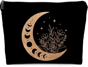 Boho Floral Celestial Crescent Moon Phase Makeup Bag, Mystical Crescent Moon Linen Makeup Travel Toiletry Bag, Abstract Floral Moon Cosmetic Bag Gifts For Girls Women Daughter Sister