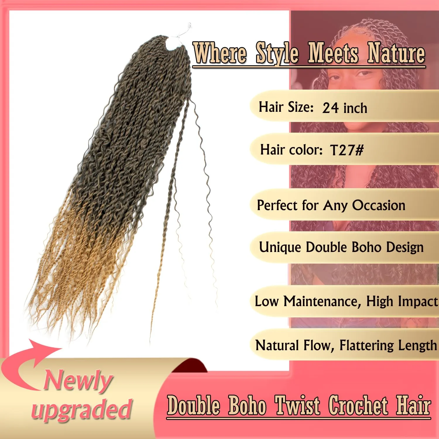Boho Island Twist Crochet Hair 24 inch Senegalese Twist Crochet Hair with Soft Curly Ends 8 Packs Pre-looped Bohemian Goddess Twist Synthetic Braids Crochet Hair for Black Women (24Inch,1B/27)