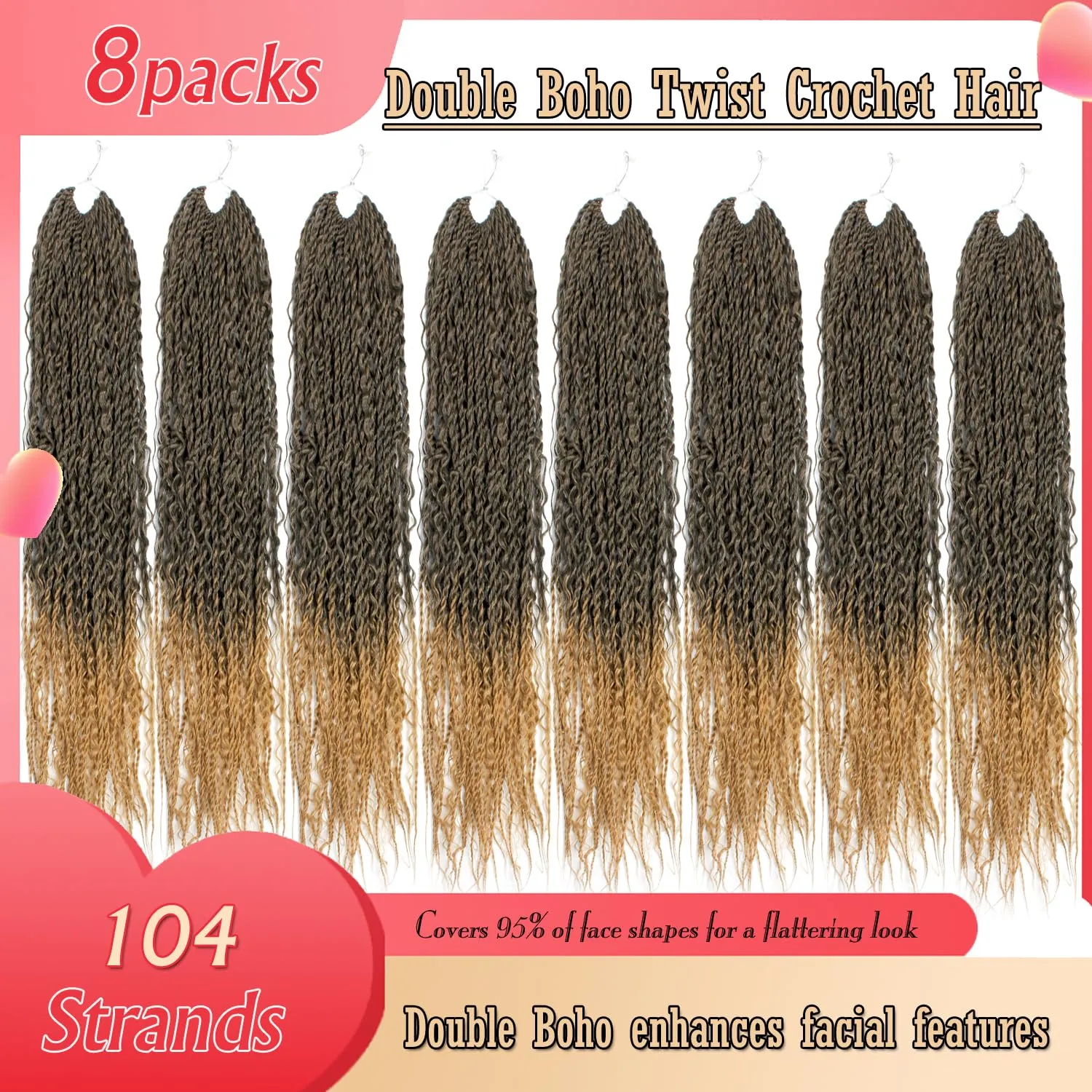 Boho Island Twist Crochet Hair 24 inch Senegalese Twist Crochet Hair with Soft Curly Ends 8 Packs Pre-looped Bohemian Goddess Twist Synthetic Braids Crochet Hair for Black Women (24Inch,1B/27)